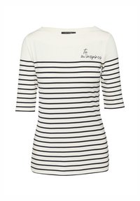 Gestreept shirt met driekwartmouwen, met horizontale marineblauwe en witte strepen en een handgeschreven tekstdetail in zwart. Katoenmix stof.