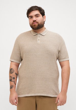 Beige polo shirt with a textured knit, featuring a collar and three button placket. Short sleeves with cuff detailing.