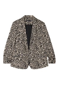 Leopardprint blazer in beige en zwarte stof, met een op maat gemaakte ontwerp, sjawlboord, gevoerde schouders en ritszakken aan de voorkant.