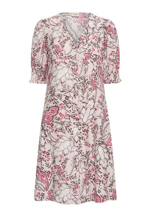 Svetlo rožnata obleka s kratkimi rokavi, V-izrezom, gumbi spredaj in cvetličnim vzorcem v beli, rjavi in roza barvi.