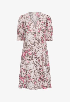 Svetlo rožnata obleka s kratkimi rokavi, V-izrezom, gumbi spredaj in cvetličnim vzorcem v beli, rjavi in roza barvi.