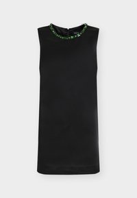 Black sleeveless dress with a jewel-embellished neckline, featuring green gems. Smooth fabric and a back zipper closure.