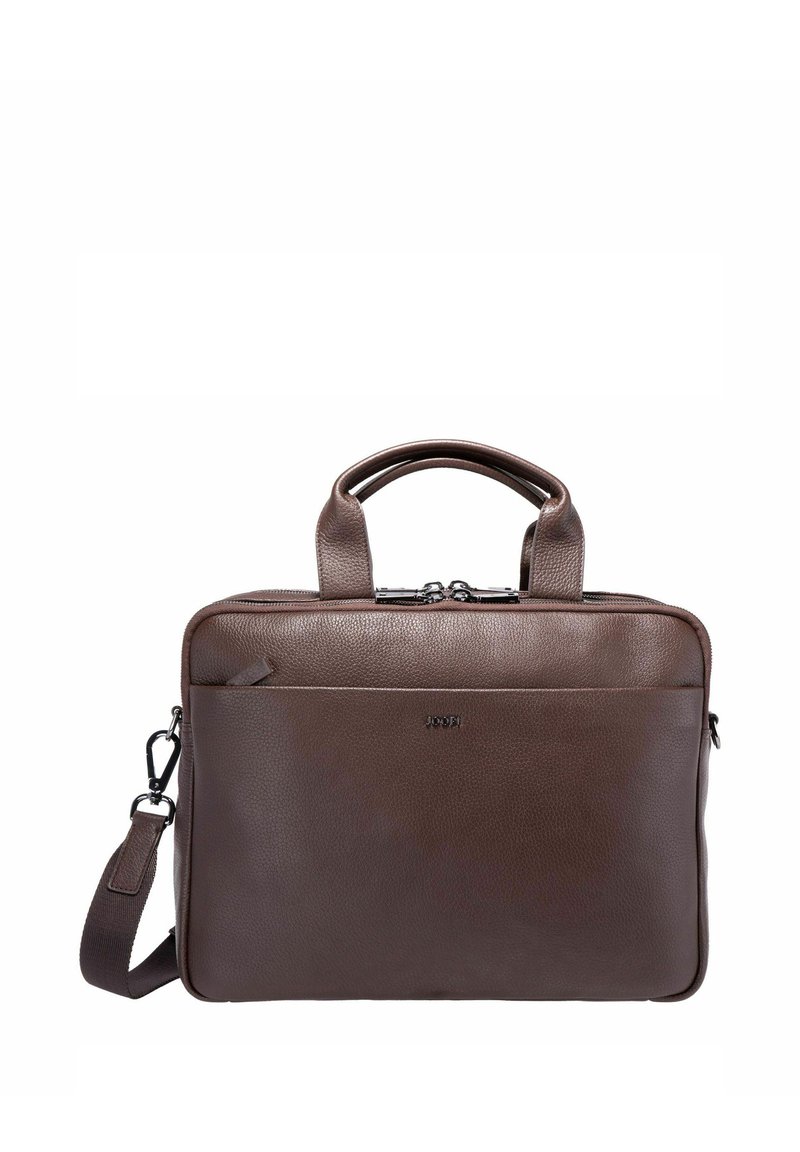 Borsa per laptop in pelle marrone con due manici, una tasca frontale e tracolla removibile. Superficie testurizzata e chiusura con cerniera.