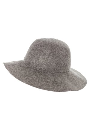 Szary filcowy kapelusz z szerokim rondem, zaokrągloną koroną, miękką fakturą i lekko zakrzywionym rondem, przedstawiony na białym tle.