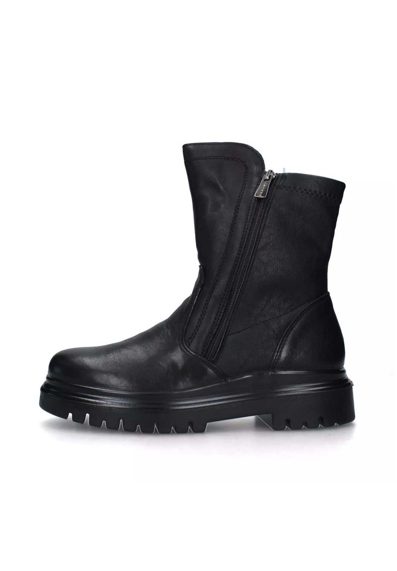 Stivale alla caviglia in pelle nera con zip laterale, superficie testurizzata e suola robusta con scanalature per una migliore aderenza.