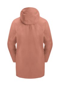 Giacca impermeabile con cappuccio in rosa tenue. Presenta un taglio dritto elegante senza tasche visibili o chiusure sul retro. Texture liscia.