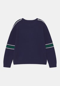 Granatowy sweter dzianinowy z długimi rękawami, z poziomymi paskami w kolorze białym i zielonym na górnej części ramion. Żebrowany dół i dekolt.