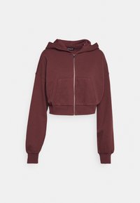 Geknipte bordeaux hoodie met een voorkant rits, grote voorzakken en lange mouwen. Zachte stof met een relaxte pasvorm en capuchon.