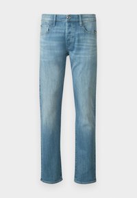 Ljusblå denimjeans med rak passform, femficksdesign och metallknappstängning. Blekt textur med subtila slitningar.