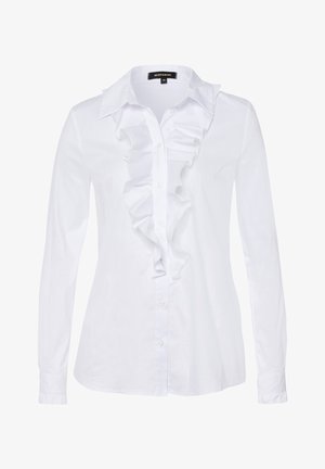 Camisa blanca de botones con mangas largas, que presenta un detalle de volantes en la parte delantera. Confeccionada en tela suave, con cuello clásico y dobladillo redondeado.