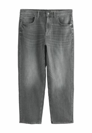 Jean en denim gris à coupe décontractée avec poches avant, passants pour ceinture et fermeture par bouton, présenté à plat sur un fond blanc.
