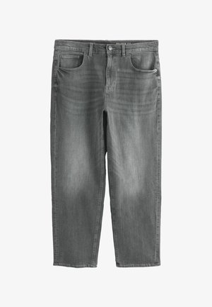 Szare jeansy o luźnym kroju, z przednimi kieszeniami, szlufkami na pasek i zapięciem na guziki, ułożone płasko na białym tle.