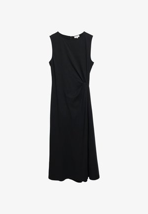 Czarna sukienka midi bez rękawów z okrągłym dekoltem i bocznym detalem skrętu, wykonana z gładkiej tkaniny, z zamkiem błyskawicznym z tyłu.