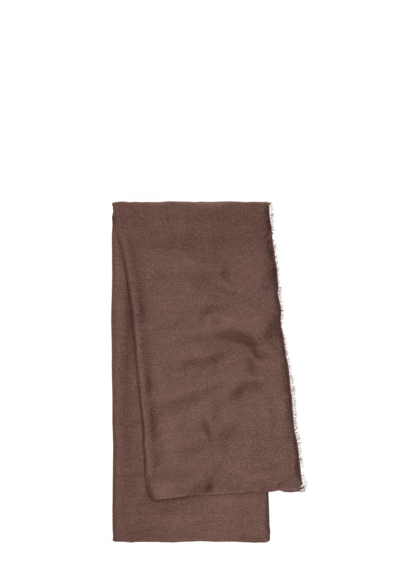 Brązowy szalik wykonany z miękkiego, teksturowanego materiału, z postrzępionymi brzegami i prostokątnym kształtem, prezentowany na płasko.