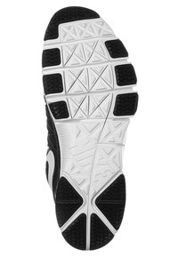 Suola di scarpa atletica in bianco e nero con una base in gomma testurizzata, motivi a treccia geometrici e un logo prominente.