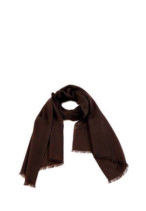 Sciarpa marrone a quadri con bordi sfrangiati, realizzata in tessuto morbido, caratterizzata da un design leggero e flessibile. Adatta a diverse opzioni di stile.