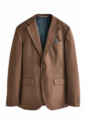 Blazer marrón hecho de una tela de textura suave. Cierre de un solo botón, dos bolsillos delanteros y un forro de patrón verde azulado visible en el interior.