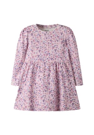 Robe à manches longues pour tout-petit avec motif floral rose et violet, taille froncée et encolure ronde.