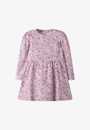 Langærmet kjole til småbørn med pink og lilla blomsterprint, taljeret pasform og rund halsudskæring.