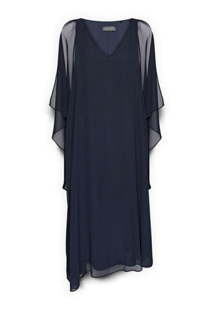 Vestido azul marino hasta la rodilla con escote en V y mangas cortas transparentes y sueltas con forma de alas.