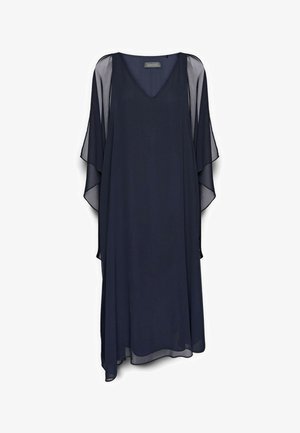 Vestido azul marino hasta la rodilla con escote en V y mangas cortas transparentes y sueltas con forma de alas.