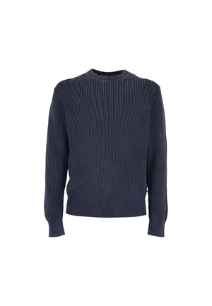 Maglione girocollo lavorato a maglia di colore blu scuro con maniche lunghe e polsini e orlo a coste, mostrato su sfondo bianco semplice.