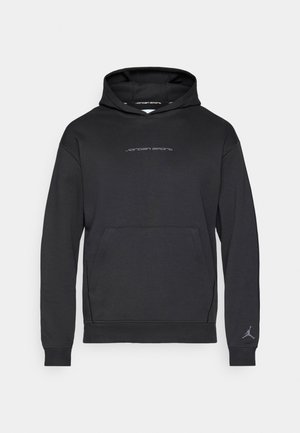Černá mikina s kapucí a klokaní kapsou, se šedým logem "Jordan Sports" na hrudi a malým logem Jumpman na rukávu.