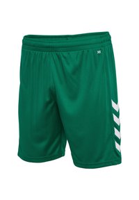Shorts de sport verts en polyester lisse avec une taille élastique et des rayures blanches en chevron sur les côtés.
