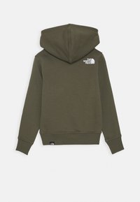 Olivgrön hoodie gjord av mjukt bomullsblandat tyg. Har en stor huva, ribbade ärmslut och en vit logotyp på övre vänstra ryggen.