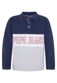 Tmavě modré a šedé polo tričko s dlouhým rukávem, límečkem, knoflíkovou légou a nápisem "PEPE JEANS" červeně vytištěným přes střed.