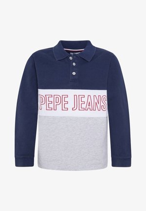 Granatowo-szara koszulka polo z długim rękawem, kołnierzykiem, plisą na guziki oraz napisem "PEPE JEANS" w czerwonym kolorze na środku.