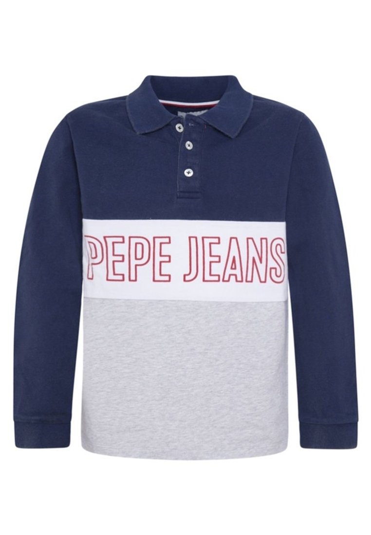 Tmavě modré a šedé polo tričko s dlouhým rukávem, límečkem, knoflíkovou légou a nápisem "PEPE JEANS" červeně vytištěným přes střed.