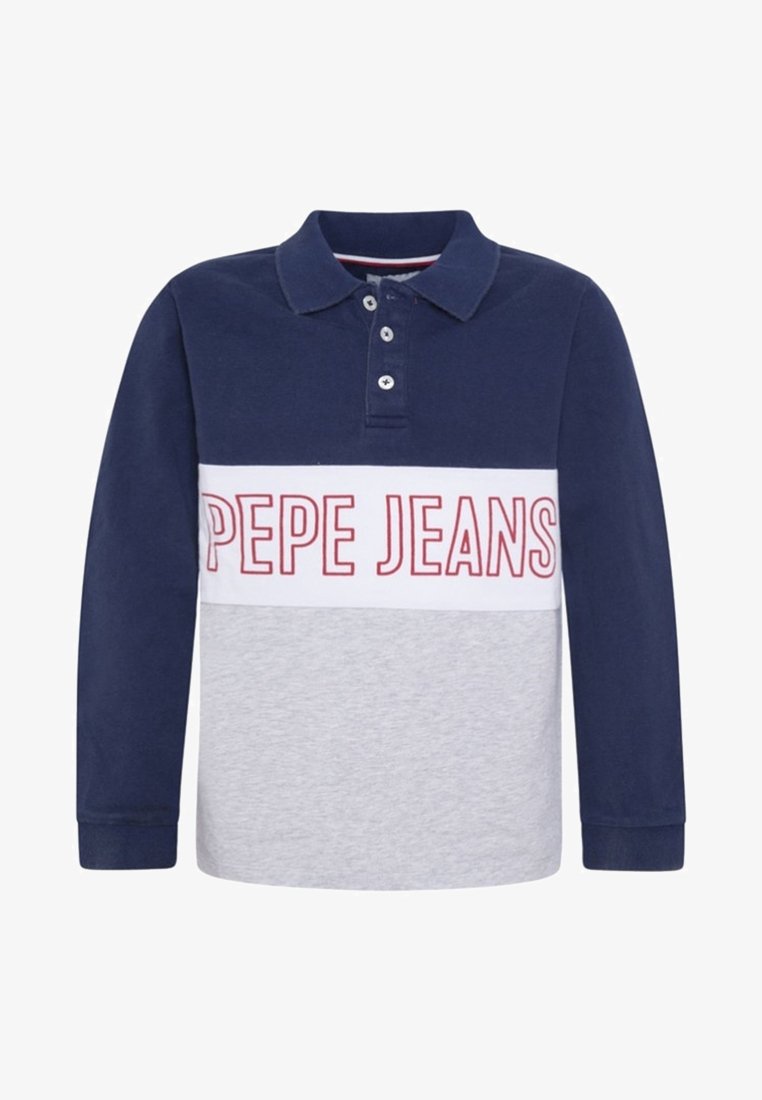 Tmavě modré a šedé polo tričko s dlouhým rukávem, límečkem, knoflíkovou légou a nápisem "PEPE JEANS" červeně vytištěným přes střed.