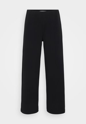 Zwarte wijde broek met een elastische tailleband. Gemaakt van een gestructureerd materiaal, met een losse pasvorm en rechte snit van heup tot zoom.