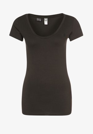 T-shirt court à manches courtes, de couleur vert foncé, avec un col arrondi, fabriqué en coton doux. Présente une silhouette ajustée et un design minimaliste.