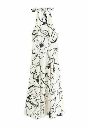 Robe blanche sans manches à col noué avec imprimé floral abstrait noir, silhouette évasée en A fluide.