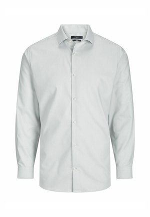 Jasnoszara koszula z długim rękawem i zapięciem na guziki. Posiada ostre kołnierzyki, guziki z przodu oraz gładką fakturę z subtelnym wzorem.