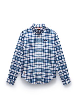 Lett flannel skjorte med et blå og hvidt ternet mønster, knap-ned krave og et brystlogo. Har lange ærmer og rundet nederste kant.