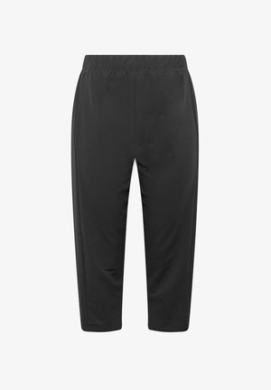 Zwarte cropped broek met elastische tailleband en rechte pijpen, geschikt voor casual of sportief dragen.