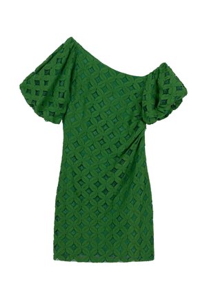 Groen kort jurkje met geplooide korte mouwen en een geometrisch bloemenkantpatroon over het hele jurkje.