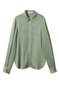 Camicia a maniche lunghe verde chiaro realizzata in tessuto liscio, con chiusura a bottoni, colletto a punta e orlo arrotondato con spacchi laterali.