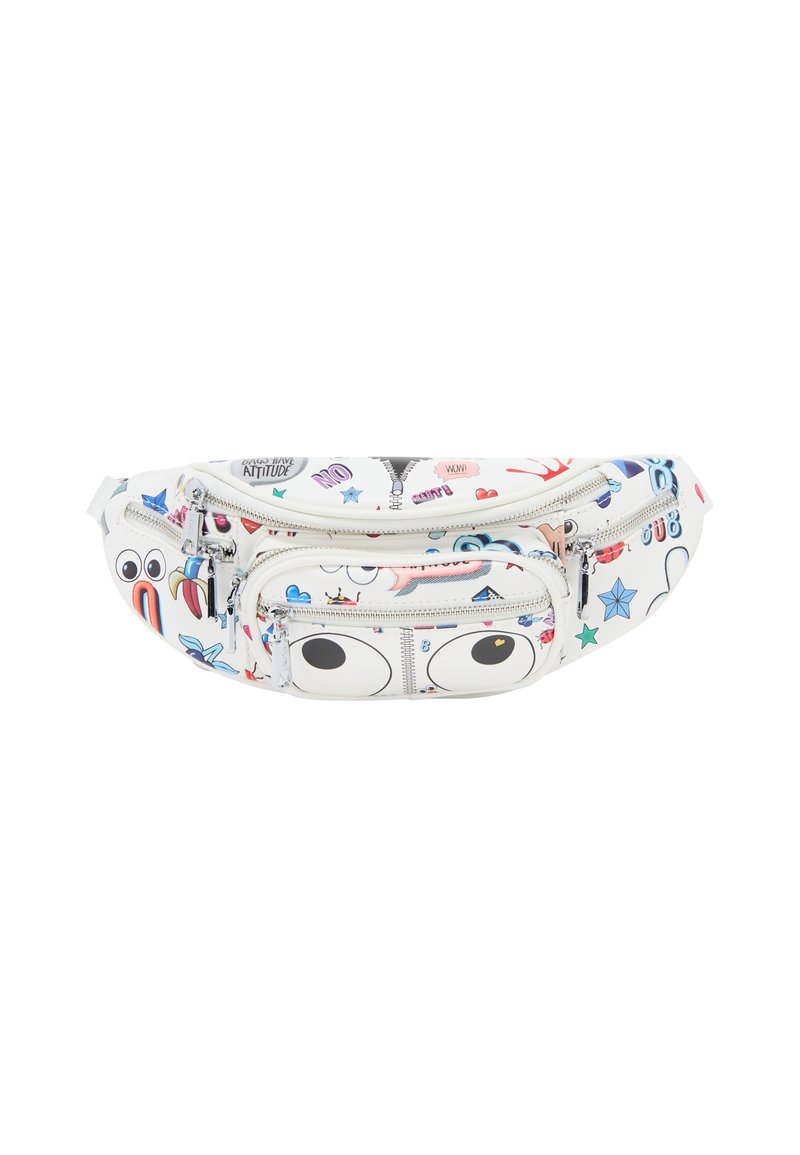 Marsupio bianco realizzato in materiale sintetico, con diverse grafiche colorate, cerniere e due scomparti con cerniera sulla parte anteriore.