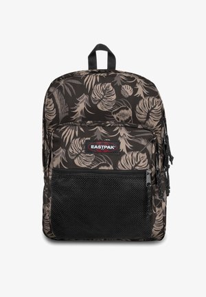 Sac à dos noir avec un motif floral dans des tons beige, doté d'une poche avant en mesh et d'un patch logo Eastpak. Tissu texturé.