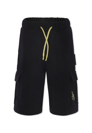 Shorts de sport noirs avec une taille élastique, cordon de serrage jaune et poches cargo latérales doubles. Détails du logo en jaune.