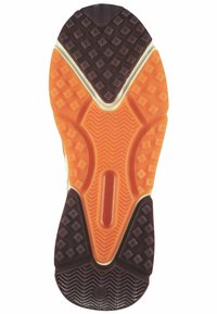 Schuhsohle mit einem mehrtexturierten Design, das schwarze, orange und cremefarbene Abschnitte aufweist; Rauten- und Fischgrätmuster für Traktion.