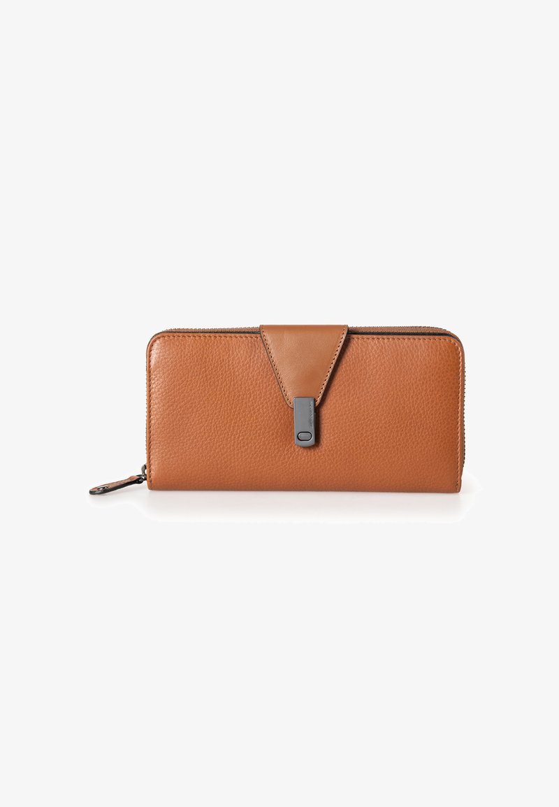 Leather wallet in tan with a textured finish, features a contrasting flat closure, a zipper, and a detachable clip-on strap.