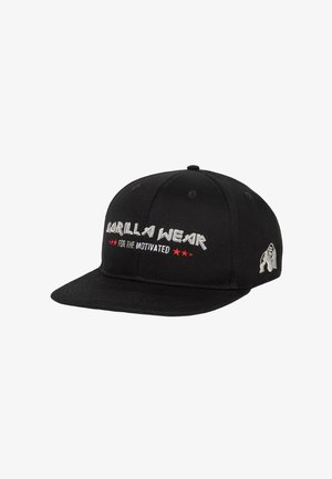 Zwarte snapback pet met platte klep, witte tekst "GORILLA WEAR", rode sterren, de slogan "FOR THE MOTIVATED" en een klein gorillalogootje aan de zijkant.