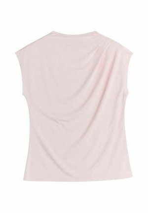 Hellrosa ärmellose Bluse mit lockerer Passform und dezentem Drapieren auf der Rückseite, flach auf einem weißen Hintergrund präsentiert.