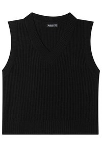 Pull sans manches noir en tricot avec un décolleté en V, une texture côtelée et un ourlet ajusté. Design simple sans motifs ni accents supplémentaires.