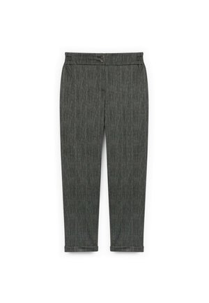Pantaloni grigi a fantasia con una texture liscia, dotati di una cintura aderente e chiusura a bottone, rifiniti con orli arrotolati.